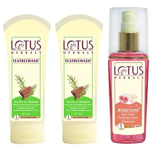 Lotus Herbals Teatreewash Tea Tree and Cinnamon Anti-Acne Oil Control Face Wash 120g And Herbals Rosetone Rose Petals Facial Skin Toner 100ml