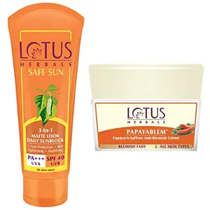 Lotus Herbals Safe Sun 3-In-1 Matte Look Daily Sunblock SPF-40 50g And Herbals Papayablem Papaya-n-Saffron Anti-Blemish Cream 50g