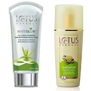 Lotus Herbals Whiteglow 3-In-1 Deep Cleansing Skin Whitening Facial Foam 100g And Herbals Lemonpure Turmeric And Lemon Cleansing Milk 170ml