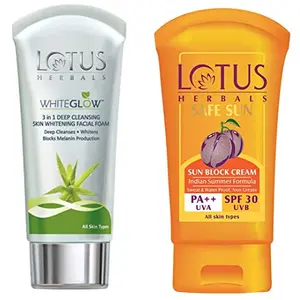 Lotus Herbals Whiteglow 3-In-1 Deep Cleansing Skin Whitening Facial Foam 100g And Herbals Safe Sun Block Cream SPF 30 50g