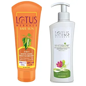 Lotus Herbals Safe Sun 3-In-1 Matte Look Daily Sunblock SPF-40 50g And Herbals White Glow Skin Whitening and Brightening SPF-25 Hand and Body Lotion 300ml