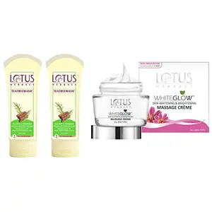 Lotus Herbals Teatreewash Tea Tree and Cinnamon Anti-Acne Oil Control Face Wash 120g And Herbals Whiteglow Skin Whitening And Brightening Massage Creme 60g