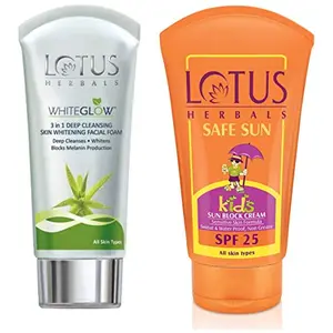 Lotus Herbals Whiteglow 3-In-1 Deep Cleansing Skin Whitening Facial Foam 100g And Herbals Safe Sun Kids Sun Block Cream SPF 25 100g