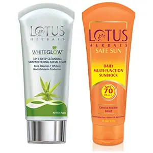 Lotus Herbals Whiteglow 3-In-1 Deep Cleansing Skin Whitening Facial Foam 100g And Herbals Safe Sun Daily Multi Function Sunblock SPF-70 60g