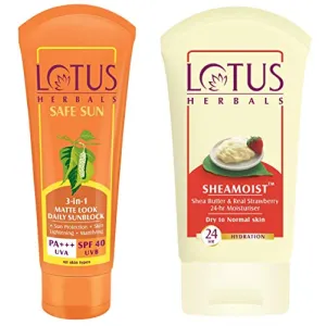 Lotus Herbals Safe Sun 3-In-1 Matte Look Daily Sunblock SPF-40 50g And Herbal Shea Butter and Real Strawberry 24 Hour Moisturiser 60g