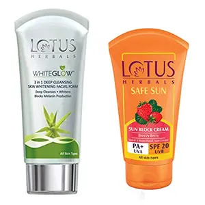Lotus Herbals Whiteglow 3-In-1 Deep Cleansing Skin Whitening Facial Foam 100g And Herbals Safe Sun Block Cream SPF 20 50g