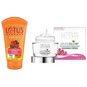 Lotus Herbals Safe Sun Block Cream SPF 20 50g And Herbals Whiteglow Skin Whitening And Brightening Massage Creme 60g