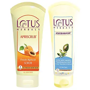 Lotus Herbals Apriscrub Fresh Apricot Scrub 100g & Herbals Jojoba Face Wash Active Milli Capsules 120g