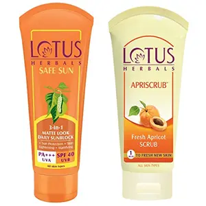 Lotus Herbals Safe Sun 3-In-1 Matte Look Daily Sunblock SPF-40 50g And Herbals Apriscrub Fresh Apricot Scrub 100g
