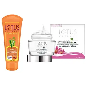 Lotus Herbals Safe Sun 3-In-1 Matte Look Daily Sunblock SPF-40 50g And Herbals Whiteglow Skin Whitening And Brightening Massage Creme 60g