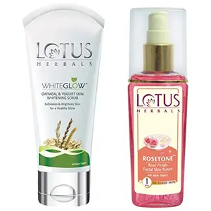 Lotus Herbals White Glow Oatmeal And Yogurt Skin Whitening Scrub 100g And Herbals Rosetone Rose Petals Facial Skin Toner 100ml