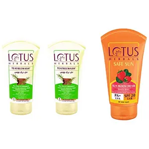 Lotus Herbals Teatreewash Tea Tree and Cinnamon Anti-Acne Oil Control Face Wash 120g And Herbals Safe Sun Block Cream SPF 20 50g