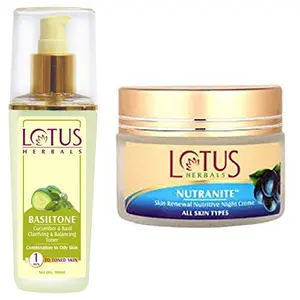 Lotus Herbals Basiltone Cucumber Basil Clarifying And Balancing Toner 100ml And Herbals Nutranite Skin Renewal Nutritive Night Cream 50g