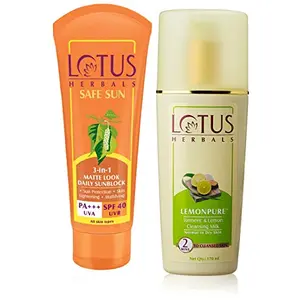 Lotus Herbals Safe Sun 3-In-1 Matte Look Daily Sunblock SPF-40 50g And Herbals Lemonpure Turmeric And Lemon Cleansing Milk 170ml