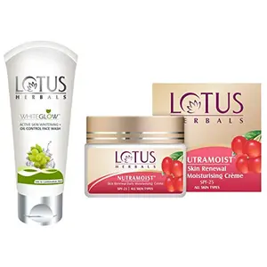 Lotus Herbals White Glow Active Skin Whitening And Oil Control Face Wash 50g And Herbals Nutramoist Skin Renewal Daily Moisturising Creme SPF 25 50g
