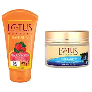 Lotus Herbals Safe Sun Block Cream SPF 20 50g And Herbals Nutranite Skin Renewal Nutritive Night Cream 50g