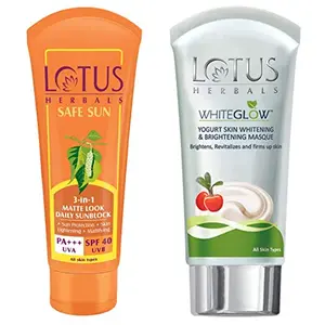 Lotus Herbals Safe Sun 3-In-1 Matte Look Daily Sunblock SPF-40 50g And Herbals White Glow Yogurt Skin Whitening And Brightening Masque 80g