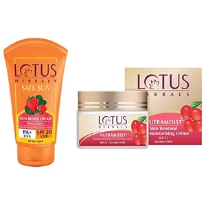 Lotus Herbals Safe Sun Block Cream SPF 20 50g And Herbals Nutramoist Skin Renewal Daily Moisturising Creme SPF 25 50g