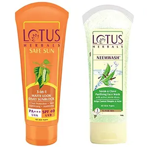 Lotus Herbals Safe Sun 3-In-1 Matte Look Daily Sunblock SPF-40 50g And Herbals Neemwash Neem And Clove Purifying Face Wash 120g