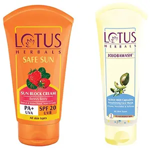 Lotus Herbals Safe Sun Block Cream SPF 20 50g And Herbals Jojoba Face Wash Active Milli Capsules 120g