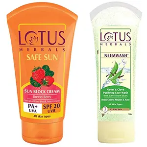 Lotus Herbals Safe Sun Block Cream SPF 20 50g And Herbals Neemwash Neem And Clove Purifying Face Wash 120g