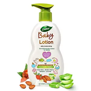 DABUR Baby Lotion: pH 5.5 Balanced Sensitive Skin with No Harmful Chemicals Contains Aloe Vera Licorice and Almonds Hypoallergenic and Dermatologically Tested with No Paraben and Phthalates - 500 ml