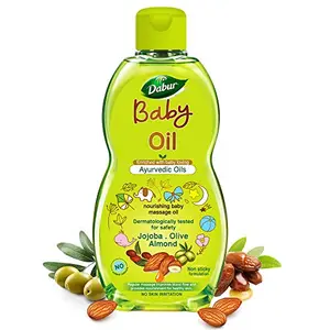 Dabur Baby Oil: Non - Sticky Baby Massage Oil with No Harmful Chemicals |Contains Jojoba Olives & Almonds | Hypoallergenic & Dermatologically Tested with No Paraben & Phthalates - 200 ml