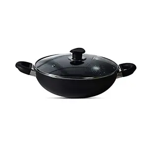 Bergner Essential Plus 5 Layer Marble Non Stick Kadai/Kadhai with Glass Lid 26 cm 4.5 litres Induction Base Food Safe (PFOA Free) Thickness 2.8mm 1 Year Warranty Black