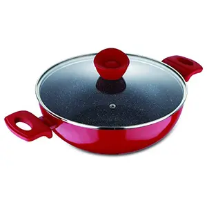 Bergner Bellini Plus 5 Layer Marble Non Stick Kadai / Kadhai with Glass Lid 20 cm 2.3 Litres Induction Base Soft Touch Handle Food Safe (PFOA Free) Thickness 3.2mm 1 Year Warranty Red