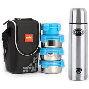 Cello Lifestyle Stainless Steel Flask 1000ml & Cello Max Fresh Click Steel Lunch Box Set 4-Pieces Blue