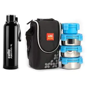 Cello Puro Steel-X Benz Inner Steel Outer Plastic with PU Insulation Water Bottle 900 ml (Black) & Cello Max Fresh Click Steel Lunch Box Set 4-Pieces Blue