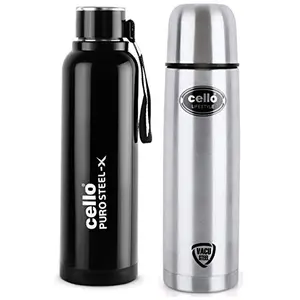 Cello Lifestyle Stainless Steel Flask 1000ml & Cello Puro Steel-X Benz Inner Steel Outer Plastic with PU Insulation Water Bottle 900 ml (Black)