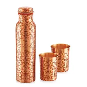 Cello Diva Gift Set Floral Copper Water Bottle with 2 Copper Glass Drinkware 1000 ML Bottle 300 ML Glass