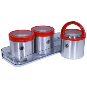 Jaypee Plus Steel Container Transteel 3 Pieces 600 ml each with serving tray Red