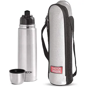 Milton Flip Lid 1000 Thermosteel 24 Hours Hot and Cold Water Bottle with Bag 1 Litre Silver