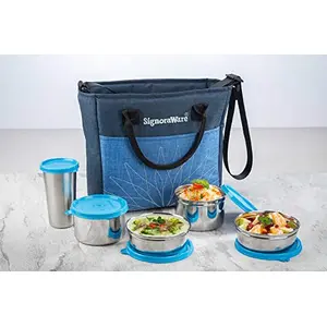 Signoraware Officier Stainless Steel Lunch Box with Blue Bag (Set of 5 380 ml 380 ml 500 ml 500 ml 370 ml Blue)