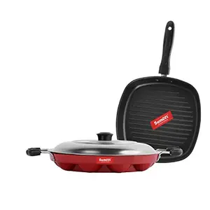 Sumeet 2.6mm Thick Non-Stick Candy Cookware Set (Appam Patra with Lid 23cm Dia Grill 1.1Ltr Capacity 22cm )