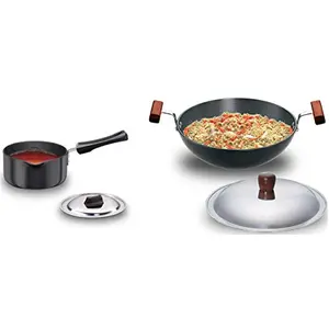 Hawkins - L95 Futura Hard Anodised Sauce Pan with Lid 1.5 litres (Non Induction Compatible) & Hawkins - L19 Futura Hard Anodised Round Bottom Deep-Fry Pan with Steel Lid 22Cm/1.5 litres