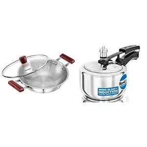 Hawkins Tri-Ply Stainless Steel Deep-Fry Pan 2.5 Litre with Glass Lid & Hawkins Stainless Steel Pressure Cooker 1.5 litres Silver (Hss15)