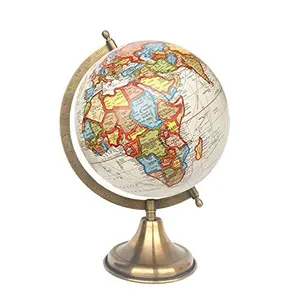 8" Surahi Designer Off White Multicolour Educational, Antique Globe with Brass Antique Arc and Base , World Globe , Home Decor , Office Decor , Gift Item By Globes Hub