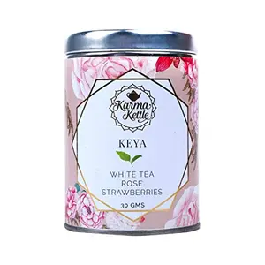Karma Kettle Keya Silver Tips White Tea With Rose Petals, Strawberry Fruit, Freezed Dried Bits, Fennel Bits - ( Loose Leaf Tea in Tin, 30 gms )