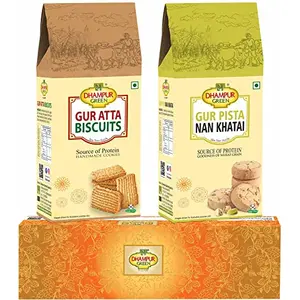 Speciality Cookies Biscuit Gift Pack Hamper - Jaggery Atta Cookies & Gur Pista Nan Khatai Bakery Biscuit without Sugar Sugar Free Cookies Natural Jaggery Gur Cookies Diwali Gift Box Hampers for Family Friends 400grams