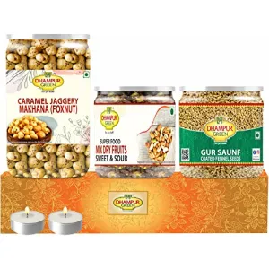 Speciality Dry Fruits Makhana Gift Box Hampers - Caramel Makhana Mix Dry Fruits Trail Mix Superfood Mix and Gur Saunf No Chemical Sugar Free No Sulphur and Added Preservatives Diwali Gift Box Hamper for Family Friend800 grams