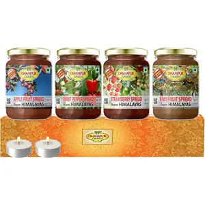 Speciality Mixed Fruits Jam Spread Gift Box Hampers - Apple Fruit Spread Sweet Pepper Spread Strawberry Spread and Kiwi Fruit Spread (300g each) Made from Natural Himalayan Fruits No Chemical Sugar Preservatives Chemical Free Diwali Gift Hamper for Family