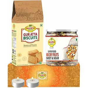 Speciality Dry Fruits Cookies Gift Box Hampers - Mixed Dry Fruits Superfood Trail Mix and Atta Jaggery Gur Cookies No Chemical Sugar Sulphur and Added Preservatives Diwali Gift Box Hamper450 grams