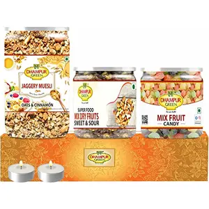 Speciality Dry Fruits Muesli Candy Gift Box Hampers - Jaggery Muesli Mixed Dry Fruits Superfood Trail Mix and Mix Fruit Candy No Chemical Sugar Free No Sulphur and Added Preservatives Diwali Gift Box Hamper for Family Friends 850 grams