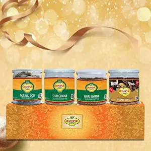 Speciality Gifting Immunity Booster Snacks Tea Gift Box- Gur Imli Goli Gur Chana Gur Saunf Gur Masala Chai/Masala Gur for Chai - 1000 Grams
