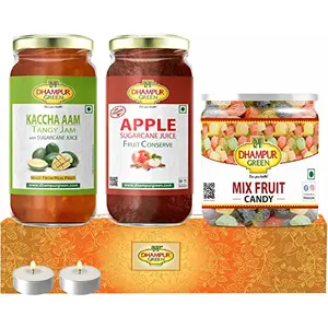 Speciality Mixed Fruit Jam Gift Box Hampers - Apple Fruit Jam with Cinnamon Kaccha Aam Jam and Mix Fruit Candy (300g each) Made from Natural Himalayan Fruits No Chemical Sugar Preservatives Diwali Gift Hamper for Family Kids 900 grams