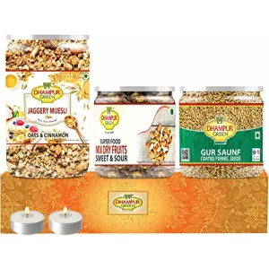 Speciality Dry Fruits Muesli Gift Box Hampers - Muesli Mix Dry Fruits Nuts Superfood Trail Mix and Gur Saunf No Chemical Sugar Free No Sulphur and Added Preservatives Diwali Gift Box Hamper for Family Friends 800 grams