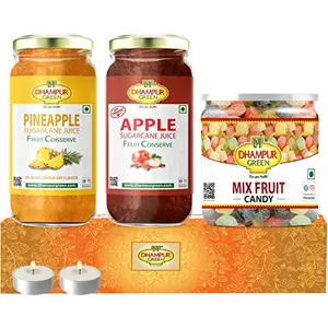 Speciality Mixed Fruit Jam Gift Box Hampers - Pineapple Jam Apple Fruit Jam with Cinnamon and Mix Fruit Candy for Kids Made from Natural Himalayan Fruits No Chemical Sugar Preservatives Diwali Gift Hamper for Family 900 grams